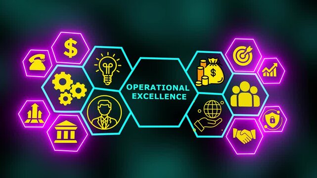 A modern neon operational-excellence concept highlighting performance control, structured processes, efficiency management, and continuous improvement systems.