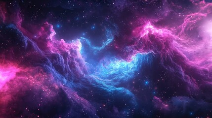 Obraz premium Dynamic abstract nebula formation displaying vibrant pink, purple, and blue gaseous clouds among sparkling stars, illustrating the vastness and mystery of the universe