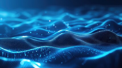 Blue digital wave surface moving with glowing particles representing data flow, connectivity, and advanced technology in an abstract, futuristic computing concept background