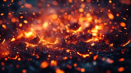 Glowing embers and hot charcoal burst in red orange hues, swirling sparks and bokeh creating an intense, warm abstract background perfect for fire, heat, and energy concepts