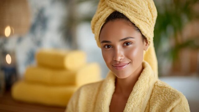 Calm woman with radiant complexion wearing a towel wrap, yellow towels folded nearby, warm diffused light enhancing a tranquil spa mood
