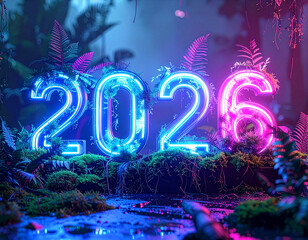 Futuristic Neon 2026 Sign in Dark Tropical Jungle - Cyberpunk Nature.