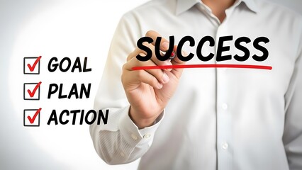 Businessman underlines the word success after checking goal plan and action items on a transparent screen