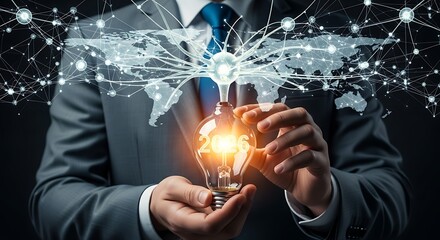 Businessman Holding Glowing Light Bulb with Global Network Overlay.