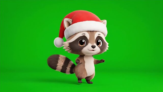 Cute animated cartoon raccoon wearing a festive red Santa hat, standing and looking forward on a bright green screen, perfect for holiday-themed children's content and Christmas promotions.
