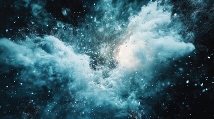 Abstract dust particles exploding in a dynamic cloud, scattering light blue and white powder with a bright center, capturing energy, impact, and a sense of creation