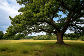 Fototapeta premium A magnificent oak tree dominates the landscape, surrounded by swaying grasses in an open field, symbolizing strength and resilience in nature's beautiful serenity.