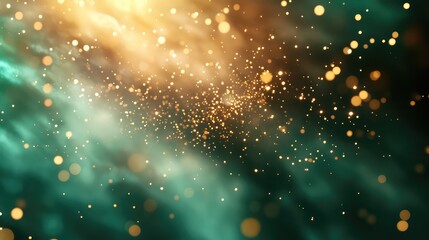 Obraz premium Golden shimmering particles are gracefully falling and swirling through a smoky teal and dark gradient background, creating a festive and magical light effect