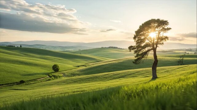 Majestic lone tree silhouetted by the golden glow of a sunset over endless rolling green hills, a serene and tranquil natural landscape scene evoking peace and natural beauty