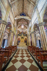 Catholic church on the square in the French village in Ba Na Hills Park, Danang, Vietnam.