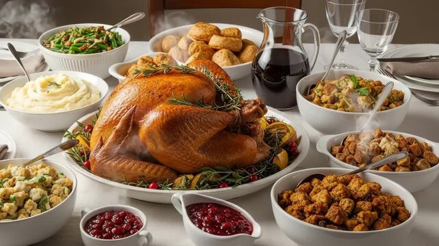 Steaming Holiday Turkey Dinner with Side Dishes on Wooden Table