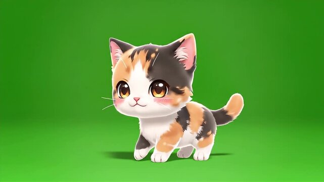 Cute animated calico kitten with large expressive eyes walking playfully on a solid green background, perfect for children's content, explainer videos, or adding adorable character elements.