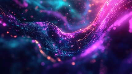Abstract digital wave flowing with vibrant glowing particles and lines, depicting data transfer, connectivity, and technological advancement in a futuristic network environment