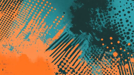Abstract background blending vibrant orange and dynamic teal colors with distressed textures, graffiti style elements, halftone dots, and bold stripes, creating a modern, urban, and artistic surface