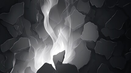 Abstract smoke and a bright light appear to be emanating from glowing cracks within dark and textured organic stone shapes, creating a mysterious and energetic background graphic