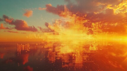 Digital data flowing through a futuristic city skyline. Creating an abstract network of light and connections against a vibrant. Atmospheric sunset sky. Symbolizing technology and global communication