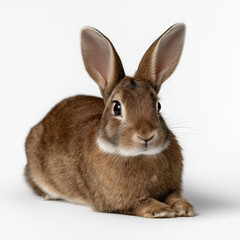 Fototapeta premium Brown rabbit resting on a plain background while looking directly at the viewer
