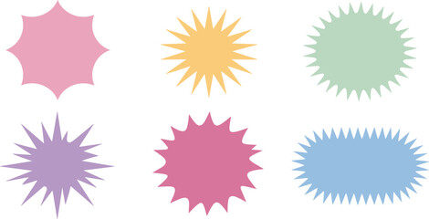 Set of colorful starburst shapes, jagged splat bubbles, sale tags, price sticker, marketing design elements