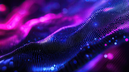 Abstract background showing a dynamic grid of illuminated dots and lines, creating a conceptual wave representing technology, data flow, and digital information processing