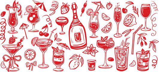 Hand drawn cocktail doodle set with bar drinks, wine glasses, fruits, citrus slices in sketch style 