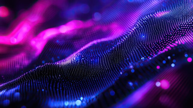 Abstract background showing a dynamic grid of illuminated dots and lines, creating a conceptual wave representing technology, data flow, and digital information processing - Powered by Adobe