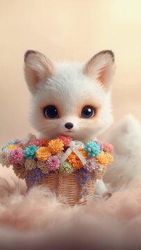 Vertical video: Blinking foxlike animal reacting to camera cue in studio with basket of flowers