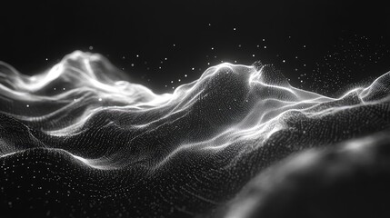 Abstract digital landscape featuring flowing particle waves and connecting dots, representing data networks, technology, and futuristic concepts in a dark environment