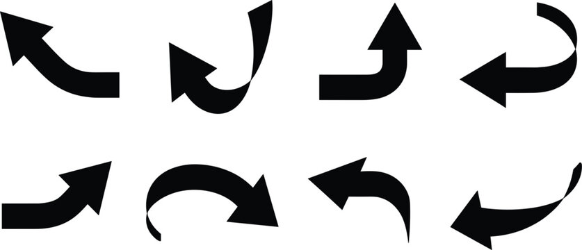 Set of black curved arrows, turning, looping, return, direction, navigation, pointer symbol, web icon vector