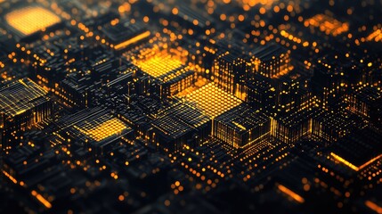 Abstract visualizing modern technology, an electronic circuit board with glowing orange light points illustrating data processing, digital communication, and internet network connections
