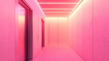 Bright magenta lit minimalist corridor with sleek elevator doors and linear ceiling lights, creating a vibrant, futuristic interior space with strong symmetry and perspective