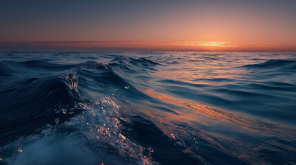 Fototapeta premium Serene Ocean Sunset: The open ocean, awash in the warm hues of the setting sun, where the gentle waves dance.