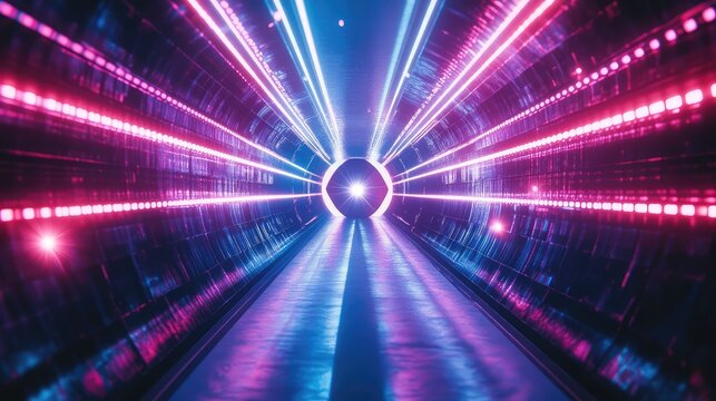 Futuristic tunnel illustrating a concept of light speed travel, connecting data channels, and fast data transfer, reflecting advanced technology and digital communication