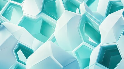 Abstract background presenting a complex grid of light blue and white hexagonal forms, creating a modern geometric pattern with translucent and opaque elements for a futuristic design