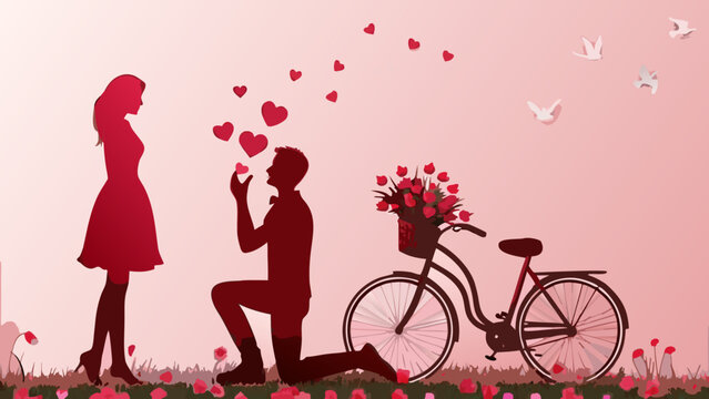 Romantic illustration of a man proposing to a woman on valentine's day