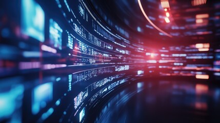 Abstract tunnel featuring illuminated screens showing flowing digital data and network connections, representing modern technology, big data, and global communication