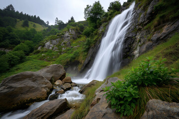 Obraz premium This stunning waterfall pours gracefully over rugged rocks, creating a picturesque natural scene that embodies power and tranquility amidst the serene mountain landscape.