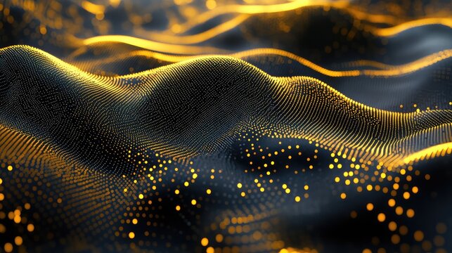 Digital data points illuminate a dark, undulating surface, creating an abstract grid representing flowing information, interconnected technology, and advanced computing visualization - Powered by Adobe