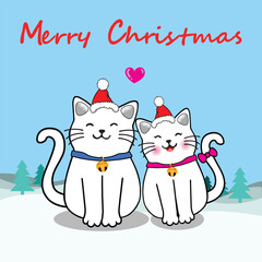 Adorable cartoon cats wearing Santa hats, smiling together on a snowy winter background with Merry Christmas text. Perfect for holiday cards, kids designs, and festive decorations