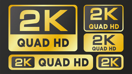 Golden 2K Quad HD resolution icon set on black background. Video screen and display quality label. Vector illustration