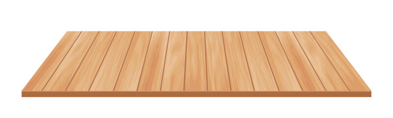 Realistic wooden plank, floor or table in perspective with natural wood texture for product display, background templates. Vector illustration
