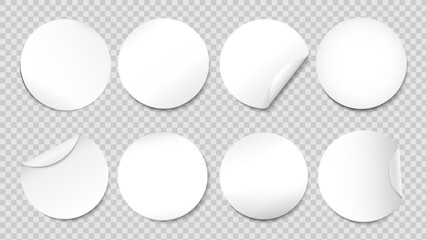 Realistic white round sticker set on transparent background for sale discount, product branding, packaging, label mockups. Vector illustration