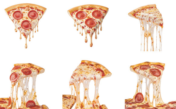 Mouthwatering pepperoni pizza slices showcasing an epic cheese pull on a pristine white background