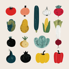 Set hand drawn colorful vegetables. Modern abstract minimal style. Healthy organic food. Salad, tomato, onion, zucchini, eggplant, leek, radish, potato, corn, peppers, beet. Vector flat illustration