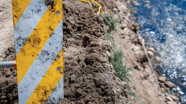 Close-up of soil compacted above water line, with bright safety tape marking utility area