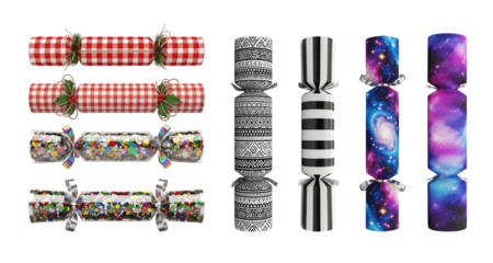 A festive collection of assorted Christmas crackers featuring red checkered patterns holly leaves and decorative ribbons alongside modern printed designs with abstract patterns and