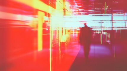 Blurred person moving through a vibrant, colorful abstract network of lines and shapes, evoking themes of technology integration, data flow, and modern urban existence