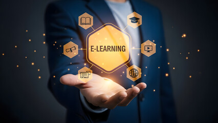 Professional holding a digital e-learning interface with education icons.