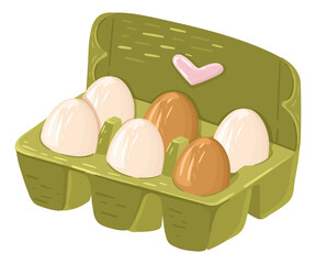 Illustration of Eggs in a box. Cute food sticker. Vector.