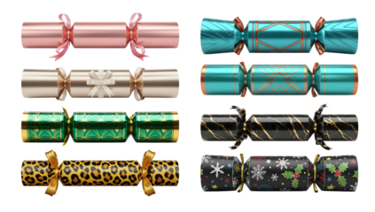 A collection of festive Christmas crackers in various designs including rose gold pink blue textured green leopard print and holiday patterns for seasonal celebrations