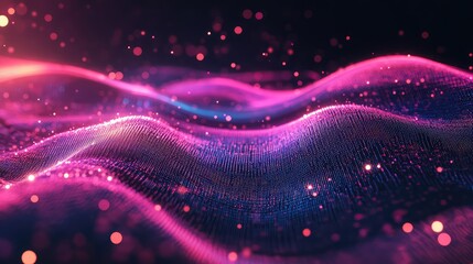 Futuristic network processing digital data, particles forming an undulating wave surface with glowing bokeh lights suggesting abstract technology, connectivity, and big data visualization